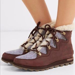 Sorel Sneakchic Alpine Shearling Red Gray Suede Boots Cattail
